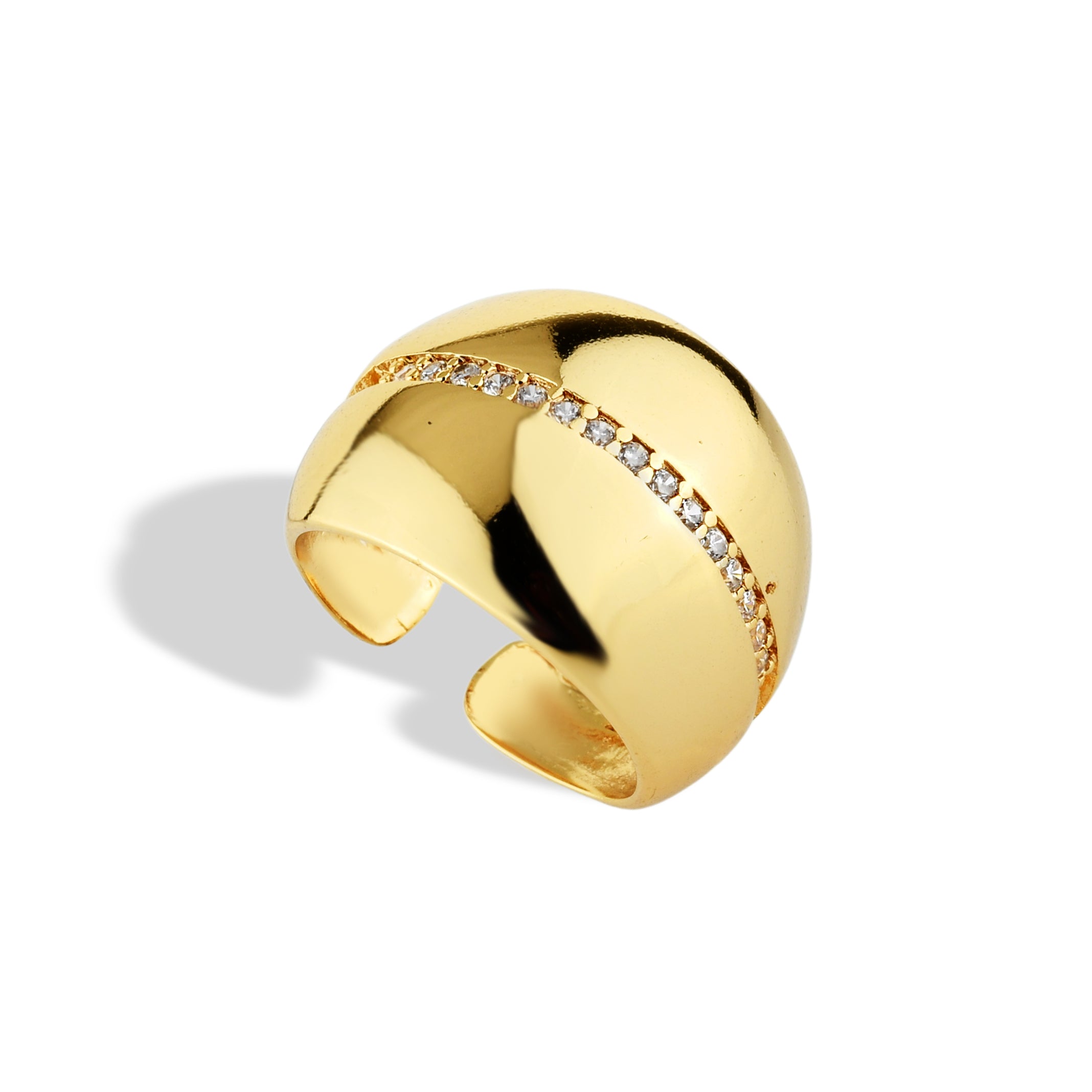 Anel Feminino Abaulado Cravejado com Zircônias Banhado em Ouro 18K