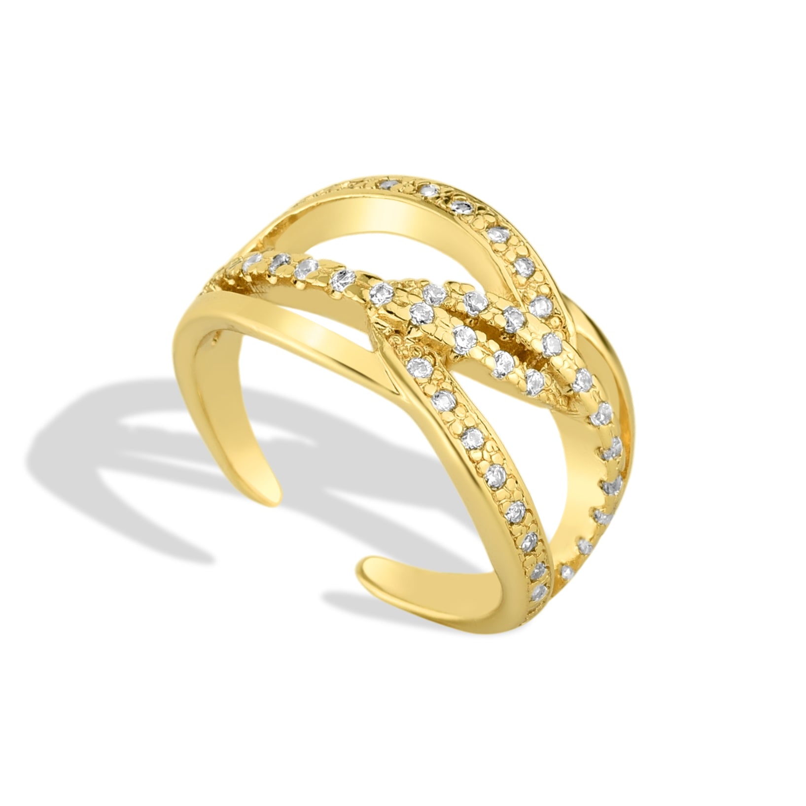 Anel Feminino Entrelaçado Cravejado com Zircônias Banhado em Ouro 18K