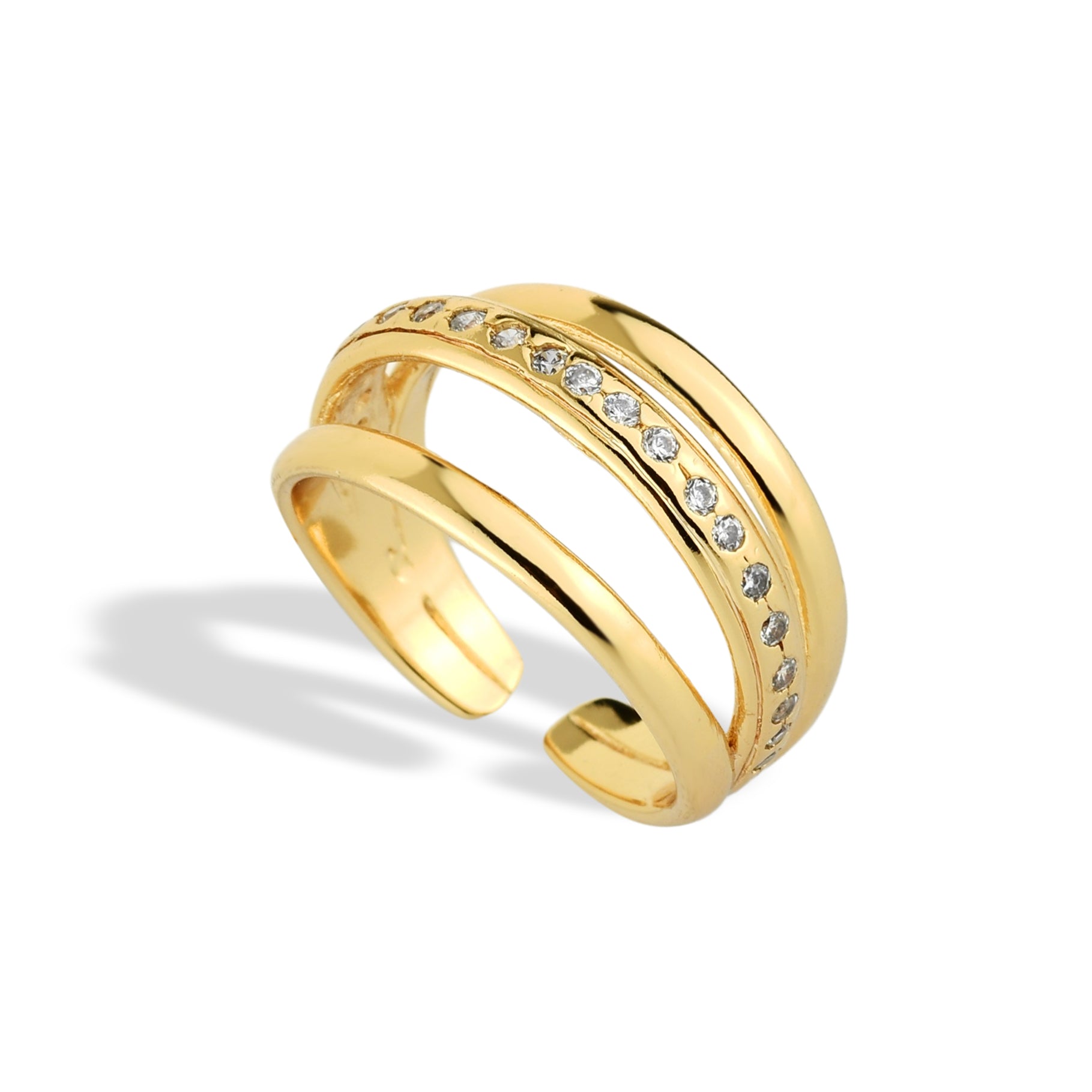 Anel Feminino Aro Triplo Cravejado com Zircônias Banhado em Ouro 18K