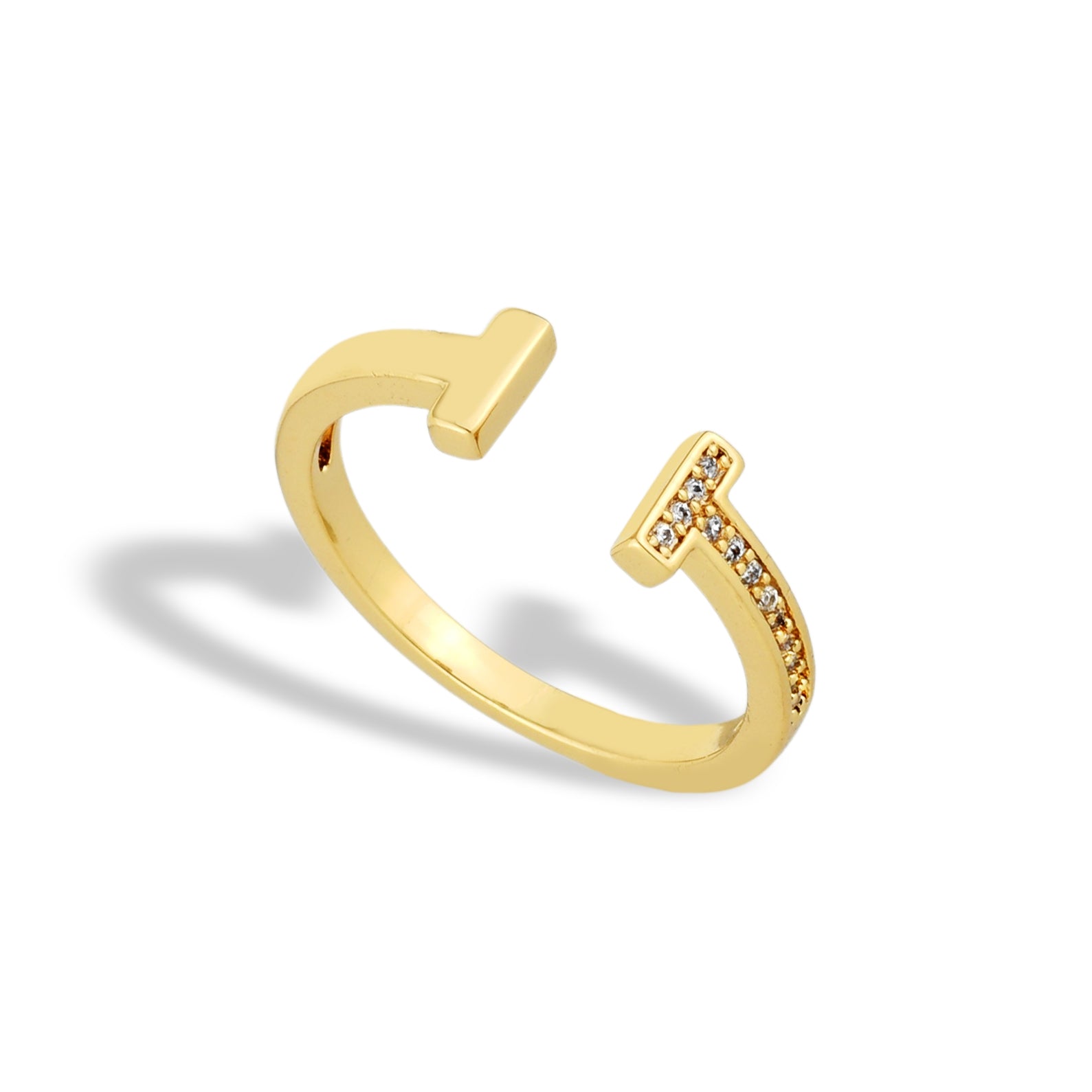 Anel Feminino Formato em T Cravejado com Zircônias Banhado em Ouro 18K