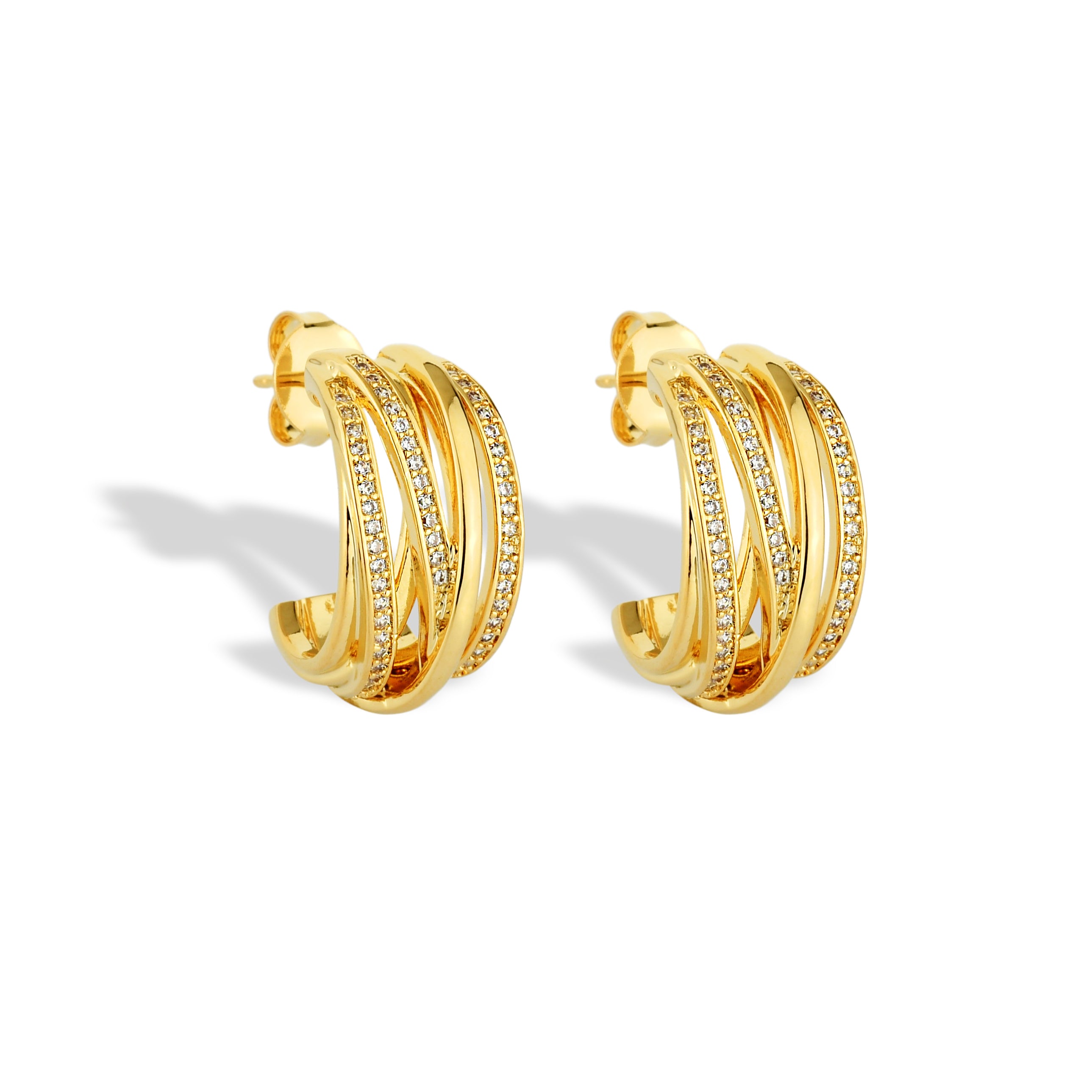 Brinco Feminino Trama Cravejado com Zircônias Banhado em Ouro 18K