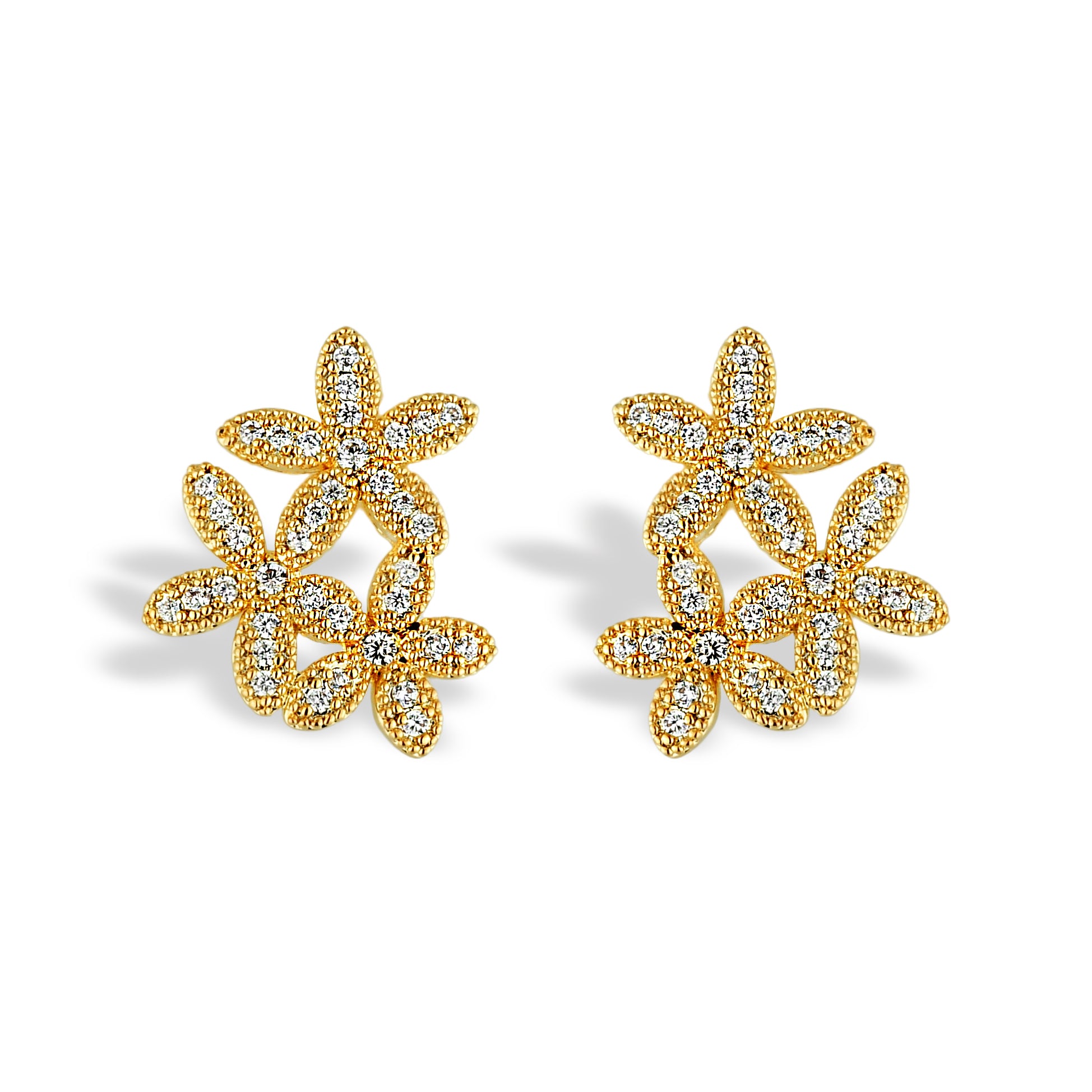 Brinco Feminino Flores Cravejado com Zircônias Banhado em Ouro 18K