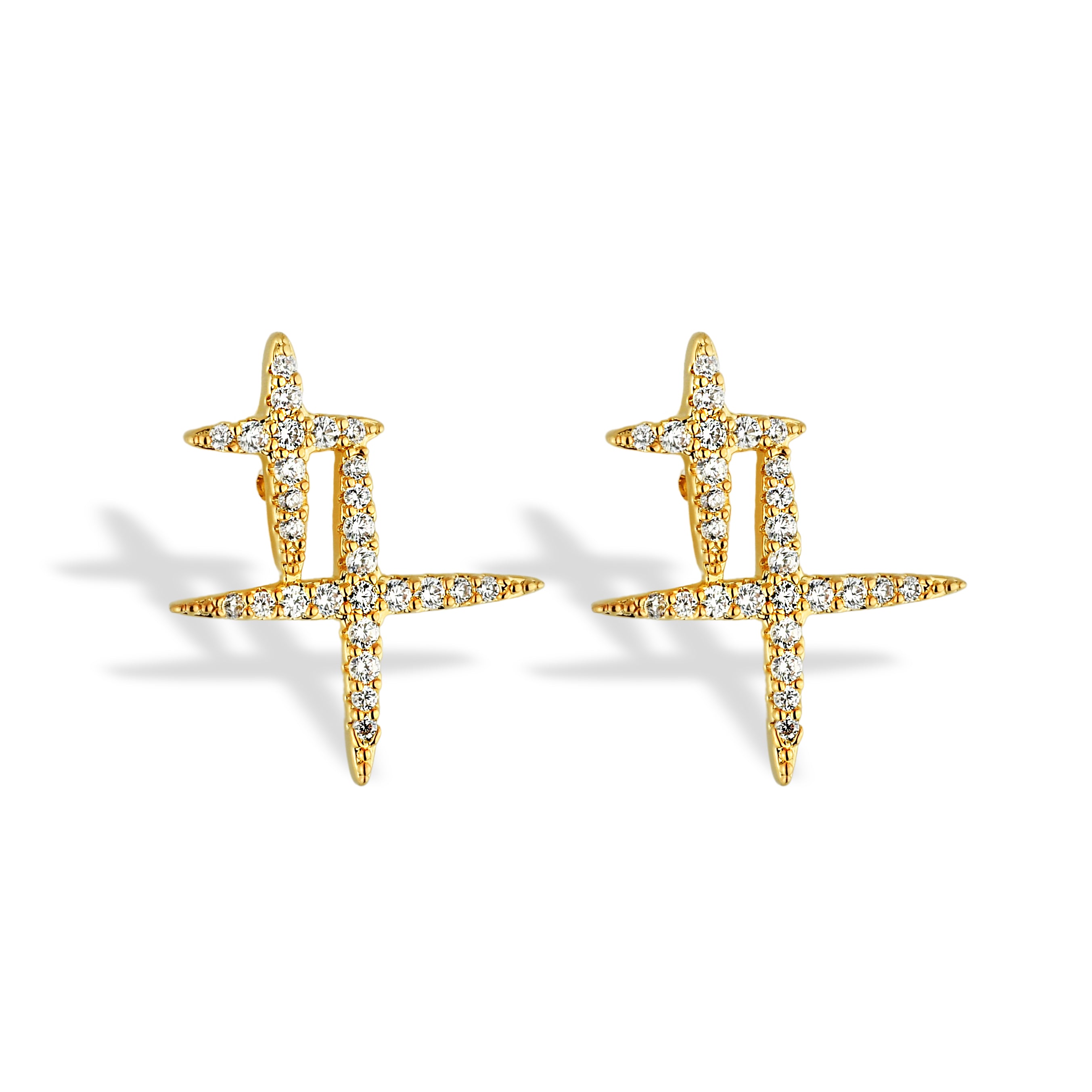 Brinco Feminino Cruz Dupla Cravejado com Zircônias Banhado em Ouro 18K