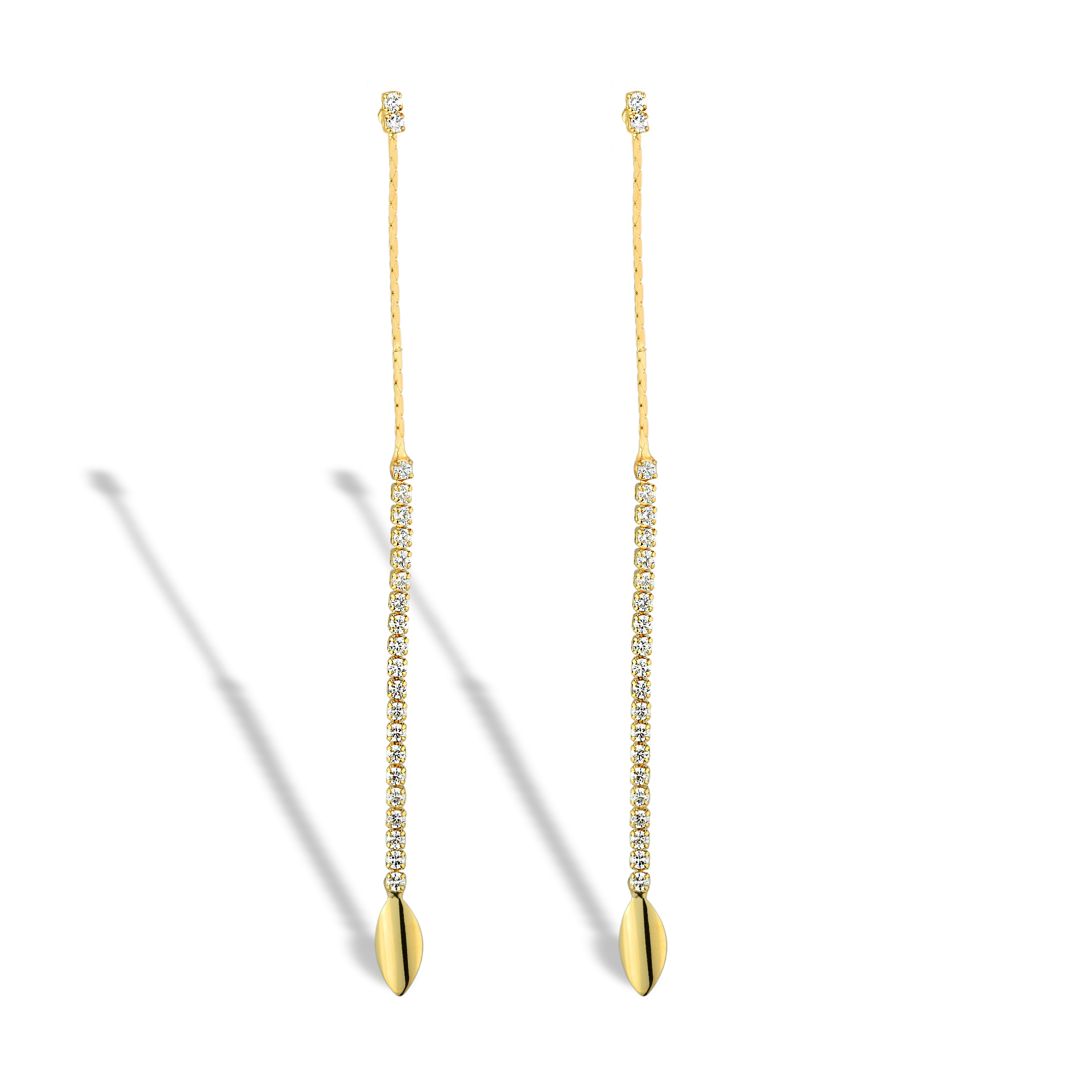 Brinco Feminino Longo Folha Cravejado com Zircônias Banhado em Ouro 18K