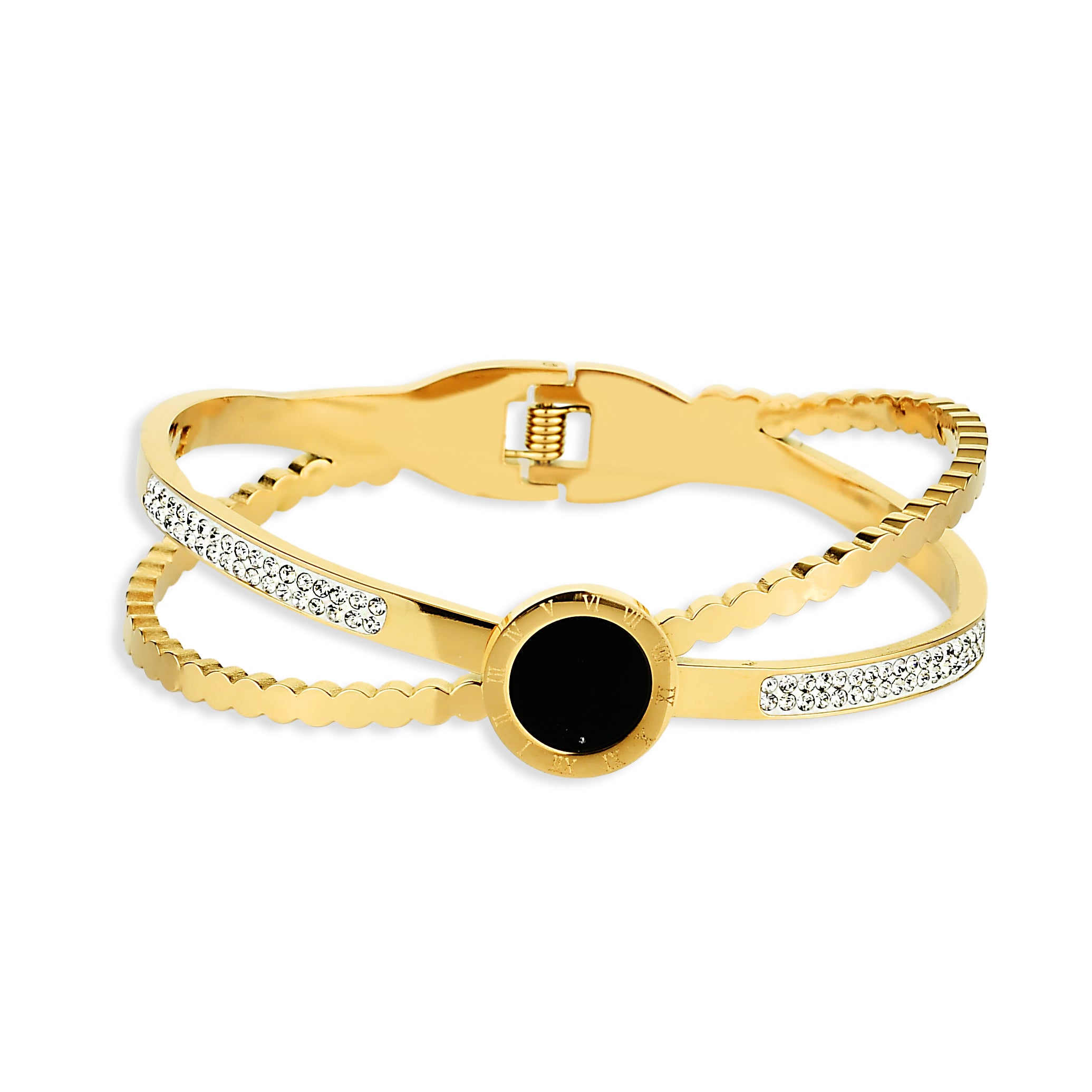 Bracelete Feminino Ônix Cravejado com Zircônias Banhado em Ouro 18K