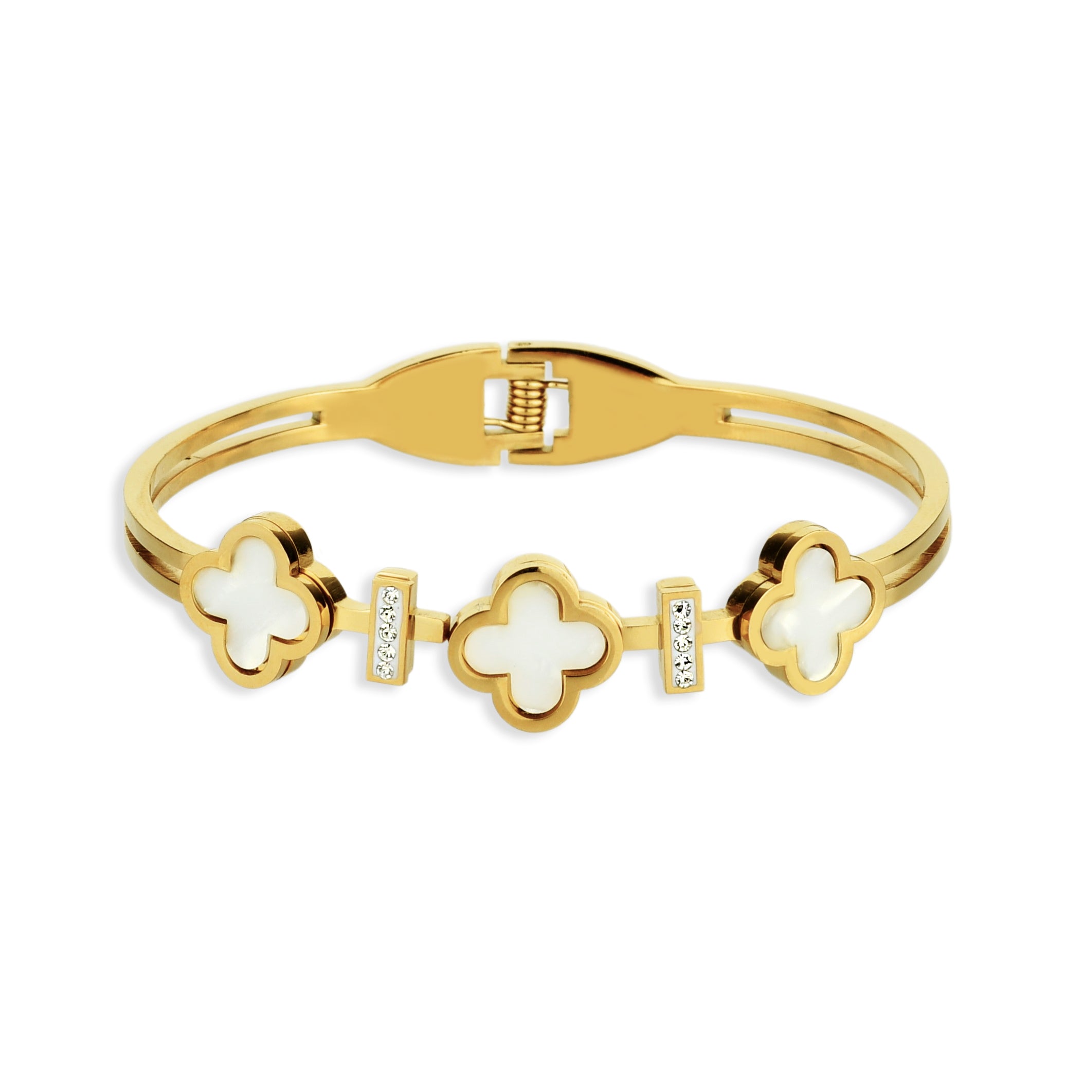 Bracelete Feminino Trevos Grandes em Fileiras Cravejado com Zircônias Banhado em Ouro 18K
