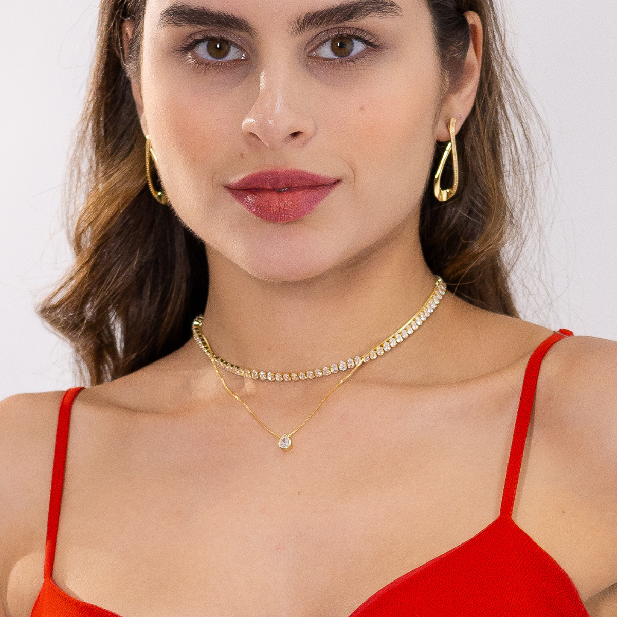 Colar Feminino Ponto de Luz Gota Cravejado com Zircônia Banhado em Ouro 18K