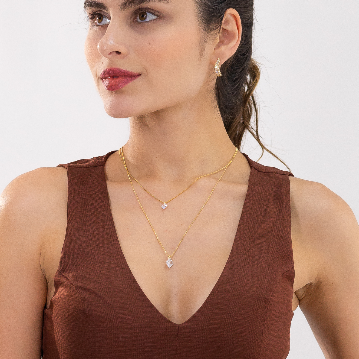 Colar Feminino Duplo Zircônias Lapidadas Banhado em Ouro 18K